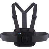 Adjustable black chest straps with padded camera pouch and centered mount