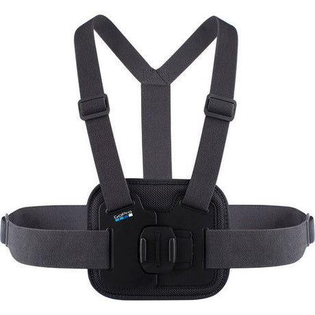 Adjustable black chest straps with padded camera pouch and centered mount