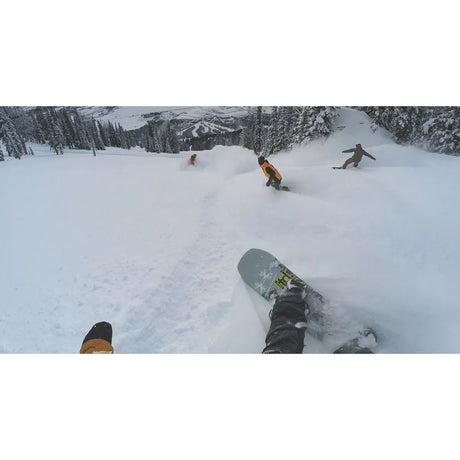 Head-mounted action camera POV while snowboarding