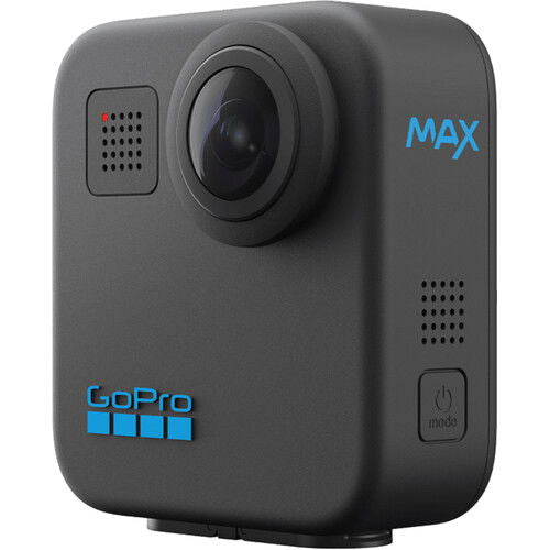 Action camera rear view with MAX label, speaker grille, and power mode button