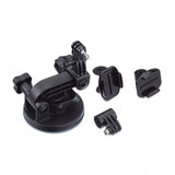 Black suction cup mount kit with clips and extra camera mounting pieces, side view