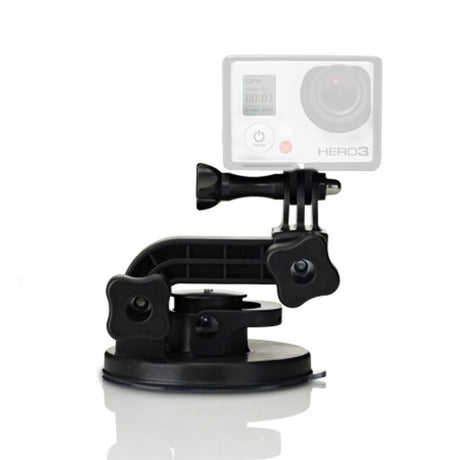 Suction cup base with adjustable arm and camera clamp, black mount