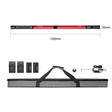 RGB bicolor LED bar kit with carry case, accessories, and 1200mm length shown