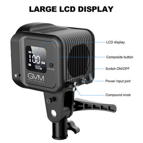 LED light with large LCD display, ON/OFF switch, and power input port