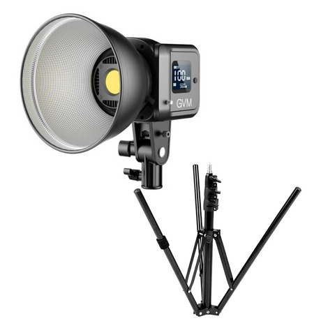 Portable LED video light with round reflector and foldable stand, 5600K daylight