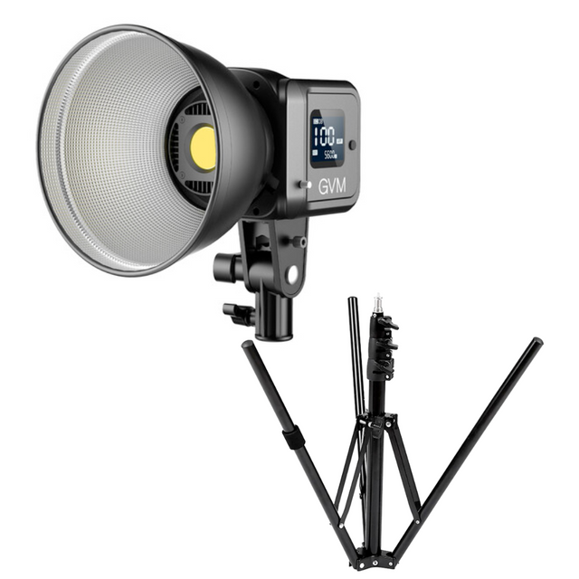 Portable LED video light with round reflector and foldable stand, 5600K daylight