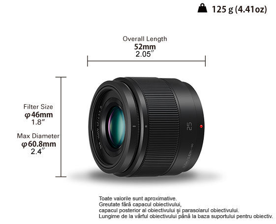 Lumix G 25mm f/1.7 MFT lens size diagram with length and diameter callouts