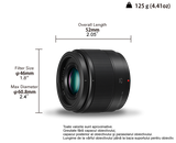 Lumix G 25mm f/1.7 MFT lens size diagram with length and diameter callouts