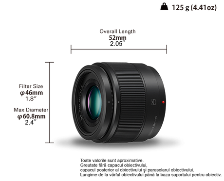 Lumix G 25mm f/1.7 MFT lens size diagram with length and diameter callouts