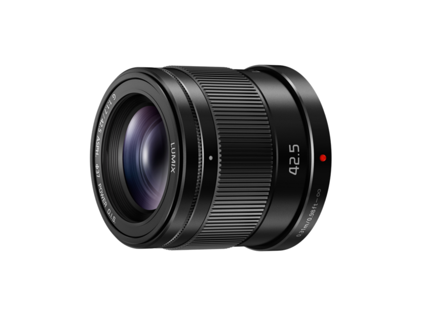 42.5mm f/1.7 MFT lens angled view, front element and focus ring details