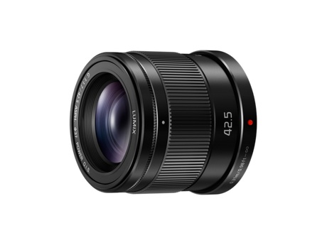 42.5mm f/1.7 MFT lens angled view, front element and focus ring details
