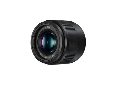 Lumix G 25mm f/1.7 MFT lens, angled front view with green-blue lens glass
