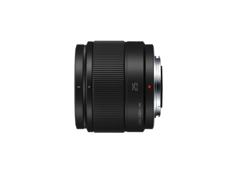 Lumix G 25mm f/1.7 MFT lens, side profile with ribbed grip and red dot