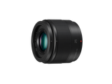 Lumix G 25mm f/1.7 MFT lens, 3/4 view showing ribbed focus ring and lens barrel