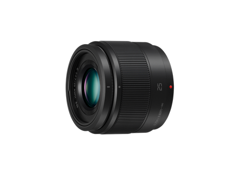 Lumix G 25mm f/1.7 MFT lens, 3/4 view showing ribbed focus ring and lens barrel