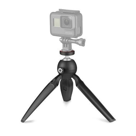 HandyPod mini tripod with action camera on top, black folding legs