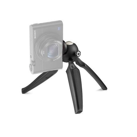 Mini tripod with light gray camera mounted, black legs and textured handle