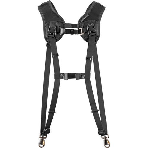 Black dual-camera harness with chest strap and two front camera holders