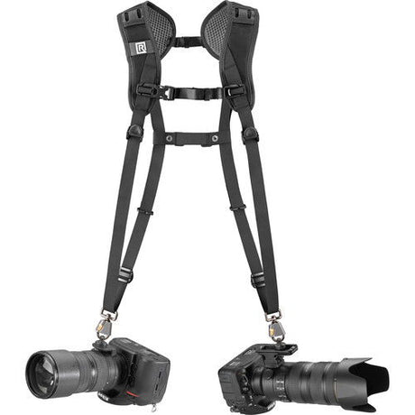 Dual-camera harness with two cameras attached and adjustable shoulder straps