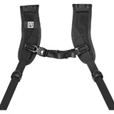 Dual-camera harness with center strap, padded shoulder sections, and release clips