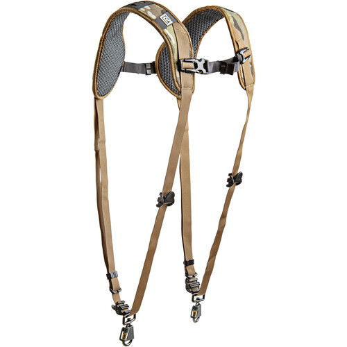 Dual camera harness with two padded camera mounts and adjustable shoulder straps