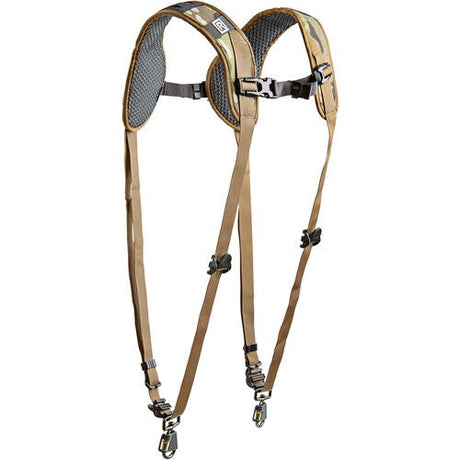 Dual camera harness with two padded camera mounts and adjustable shoulder straps