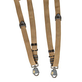 Pair of adjustable tan shoulder straps with quick-release clips and buckles