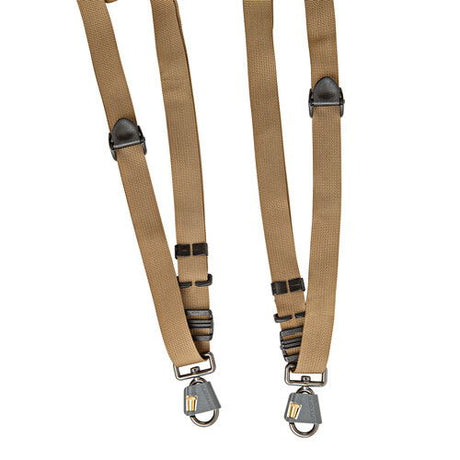 Pair of adjustable tan shoulder straps with quick-release clips and buckles