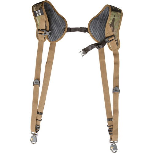 Dual camera harness showing right camo pad, shoulder straps, and side adjuster
