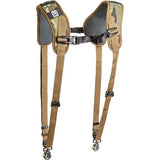 Dual camera harness with camo padded supports and adjustable buckles