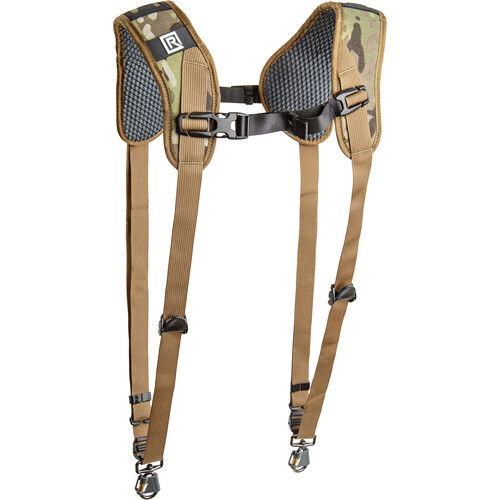 Dual camera harness with camo padded supports and adjustable buckles