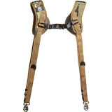 Dual camera harness with central chest strap and tan webbing; camo pads