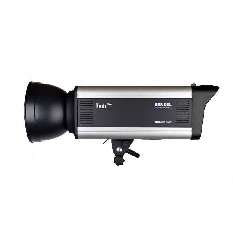 Bliț Hensel Foris 1000W cu reflector negru frontal și corp argintiu