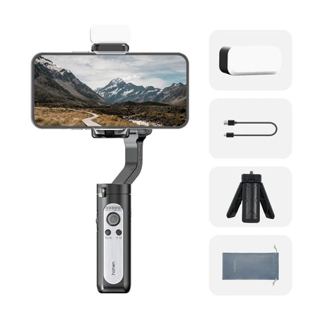 Smartphone stabilizer gimbal kit with LED mount and included cables, tripod legs, pouch