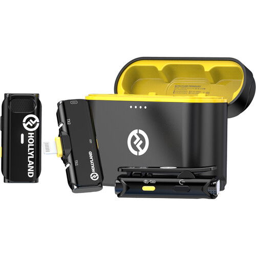 Sistem de microfoane wireless duble cu husă de încărcare neagră și interior galben