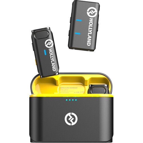 Dual wireless microphone transmitters with yellow charging case, black units