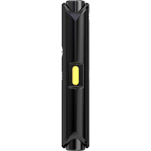 Black wireless USB‑C microphone transmitter with yellow status button, back view