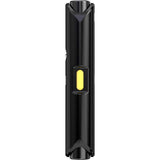 Black wireless USB‑C microphone transmitter with yellow status button, back view