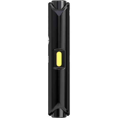 Black wireless USB‑C microphone transmitter with yellow status button, back view
