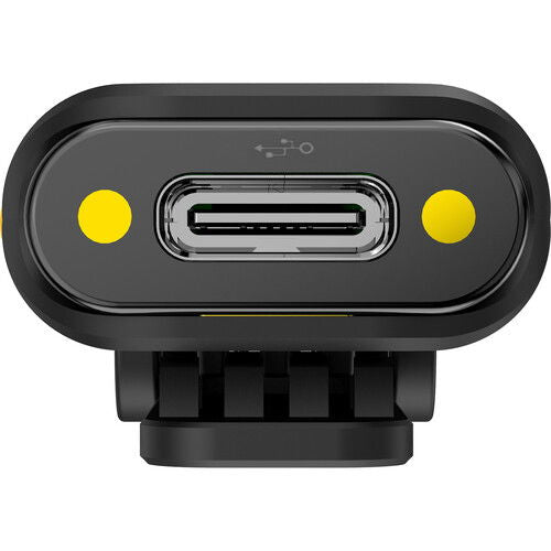 Charging case top view with USB-C port and status indicator dots