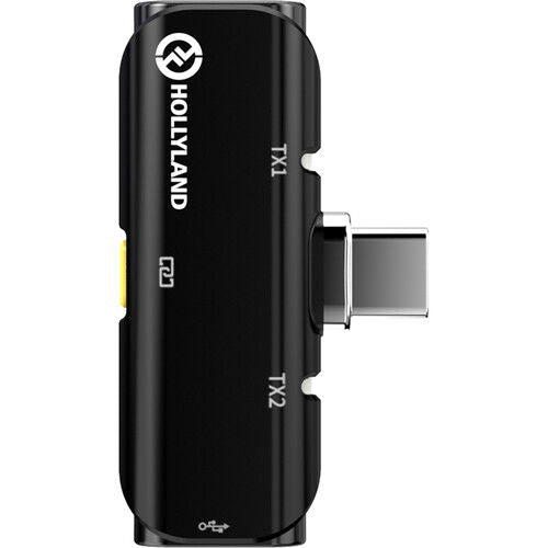 Black wireless USB‑C clip microphone transmitter, left side view