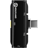Black wireless USB‑C clip microphone transmitter, left side view