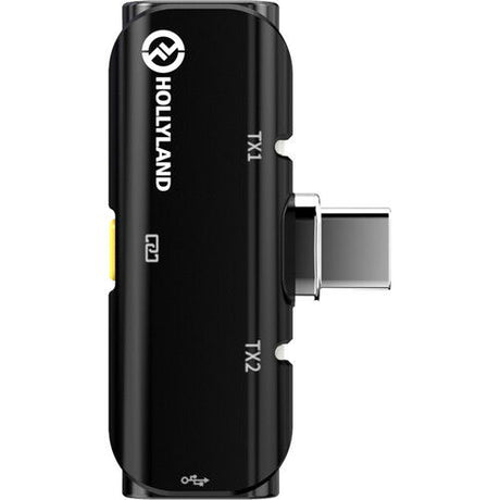 Black wireless USB‑C clip microphone transmitter, left side view