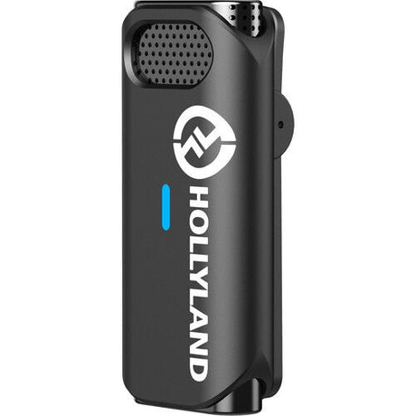 Black wireless microphone transmitter with front grille and blue indicator light