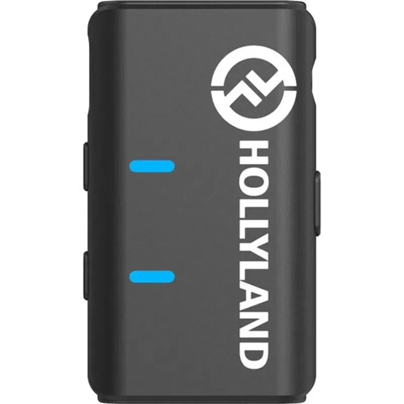 Wireless microphone transmitter, black housing with blue LEDs and audio icon