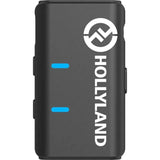 Wireless microphone transmitter, black housing with blue LEDs and audio icon