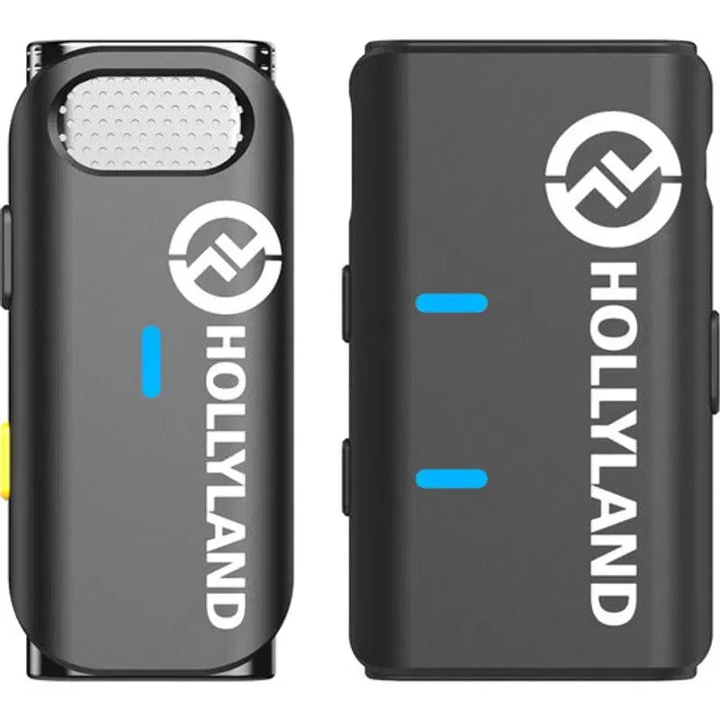 Wireless microphone receiver pack, black housing with blue status lights