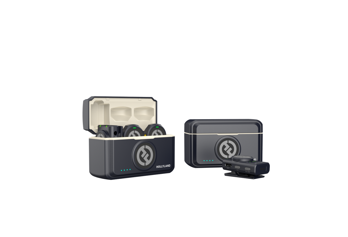 Wireless dual lavalier mic kit with open case showing two receivers and transmitters, dark gray