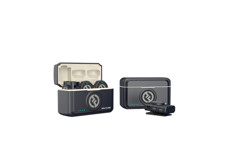 Wireless dual lavalier mic kit with open case showing two receivers and transmitters, dark gray