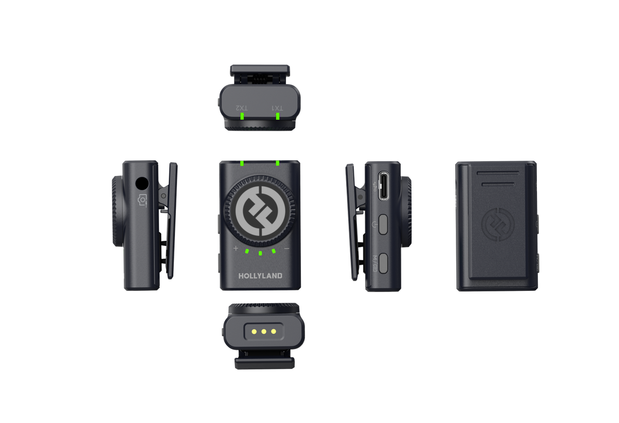 Wireless lavalier mic components: two transmitters, receiver with indicator LEDs, clips, dark gray